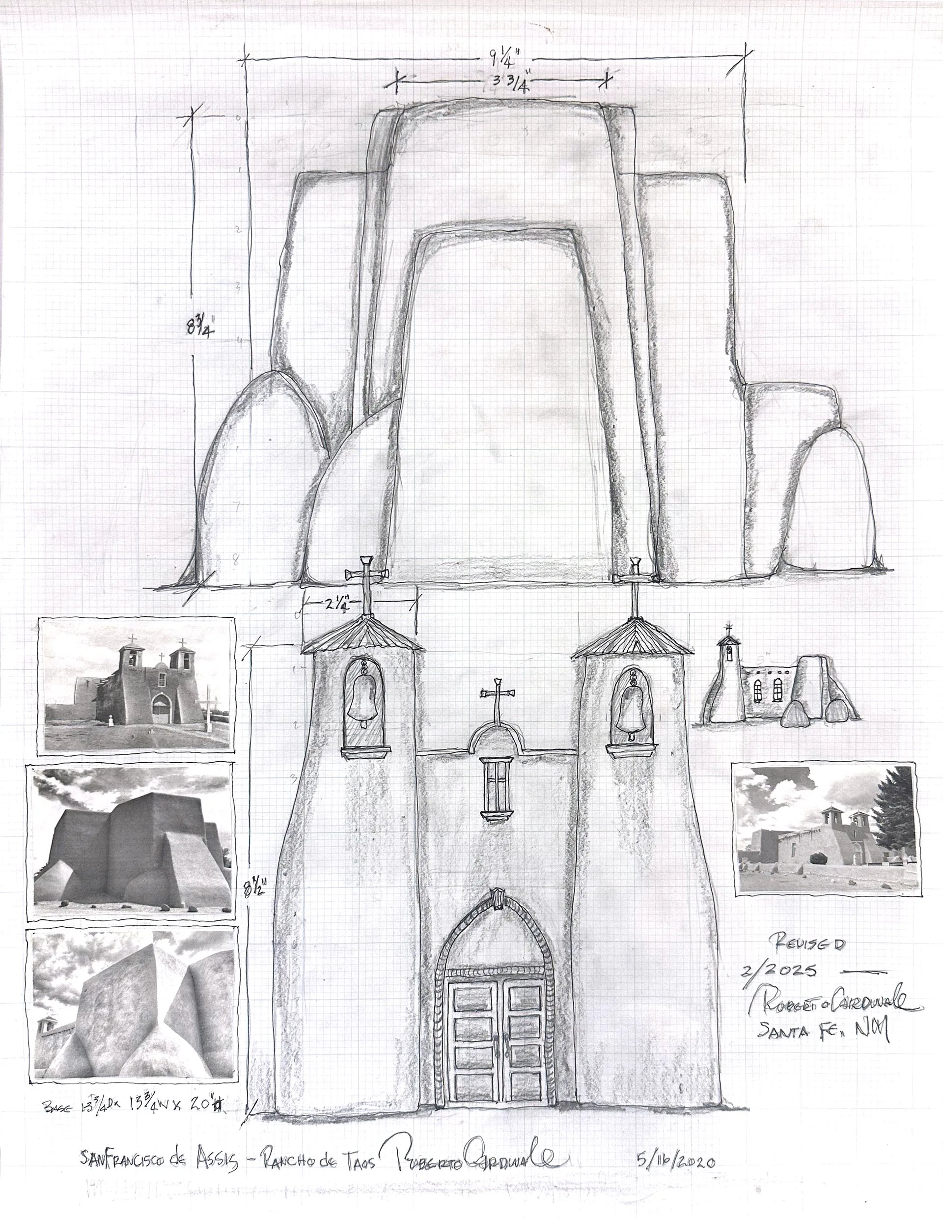 Working drawing for San Francisco de Asis in pencil and ink on grid paper, with elevation studies of the buttressed apse and reference photographs.