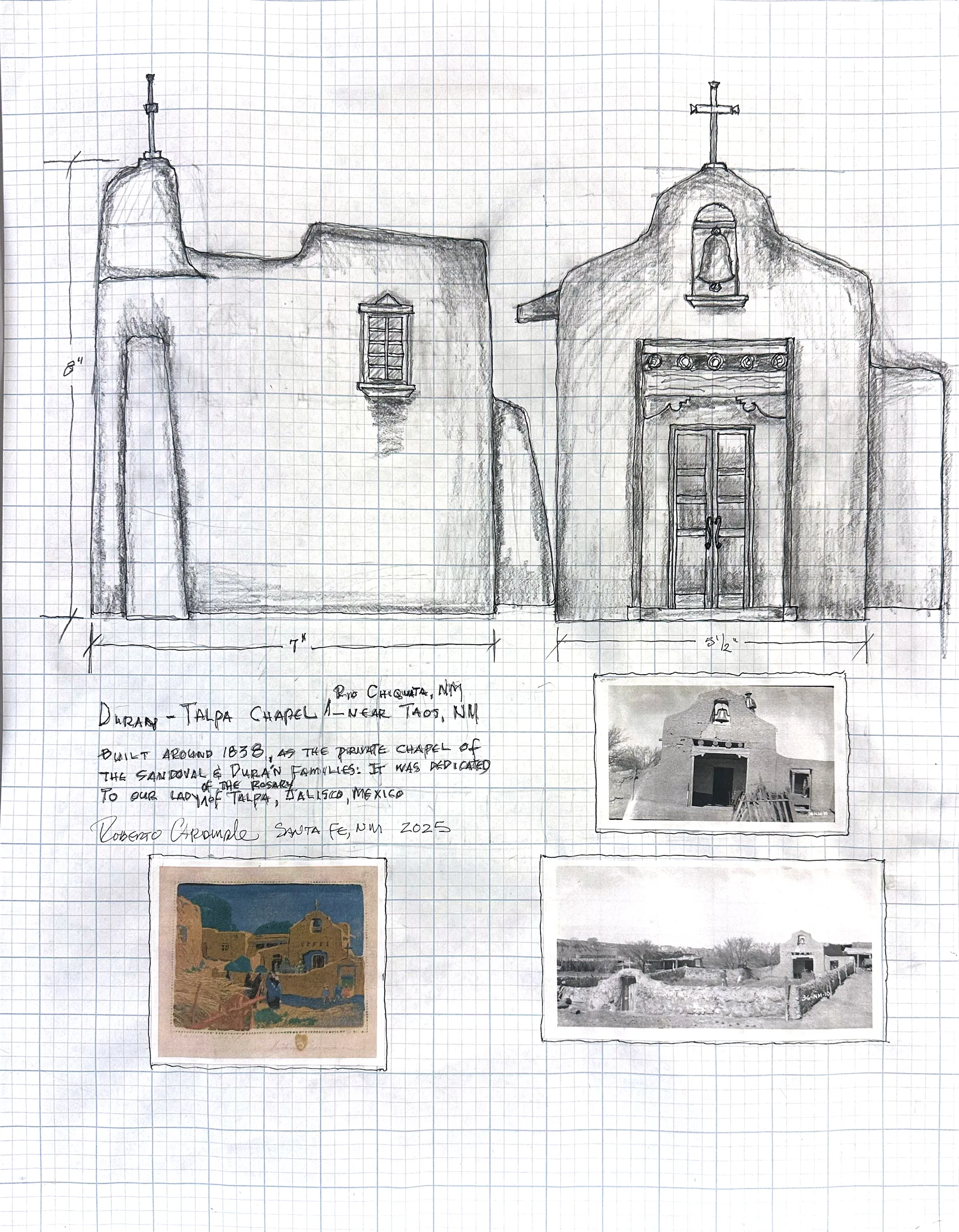 Working drawing for The Talpa Chapel in pencil and ink on grid paper, with measured elevations and reference photographs.