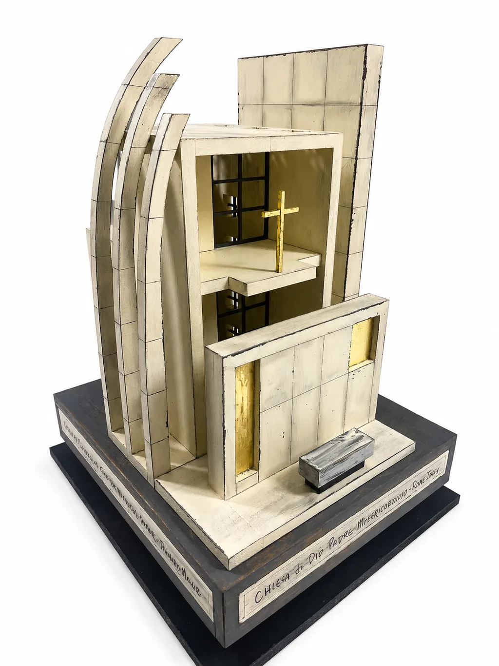 The Jubilee Church sculpture by Roberto Cardinale, showing Richard Meier’s three curved white shells and the gold-leafed interior details.
