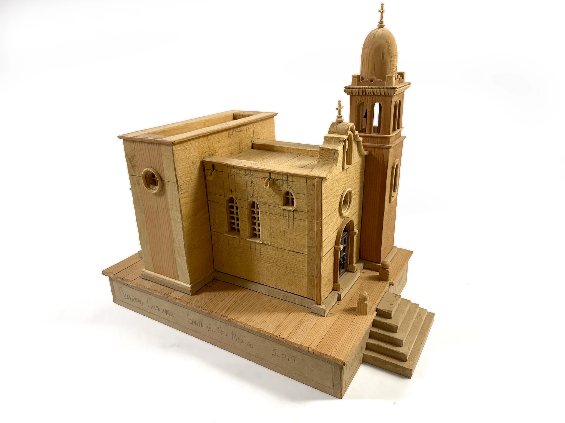 La Misión del Corpus Cristi de San Antonio del Sur sculpture by Roberto Cardinale in unpainted pine, showing the domed bell tower and entry stairs.