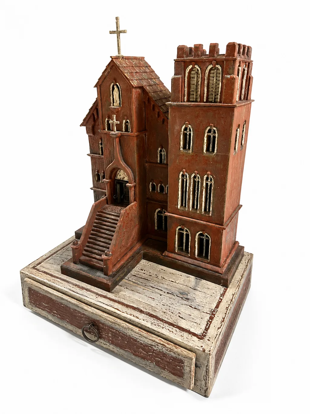 Our Lady of Mount Carmel Catholic Church sculpture by Roberto Cardinale, showing the Romanesque Revival brick facade, corner tower and entry stair.